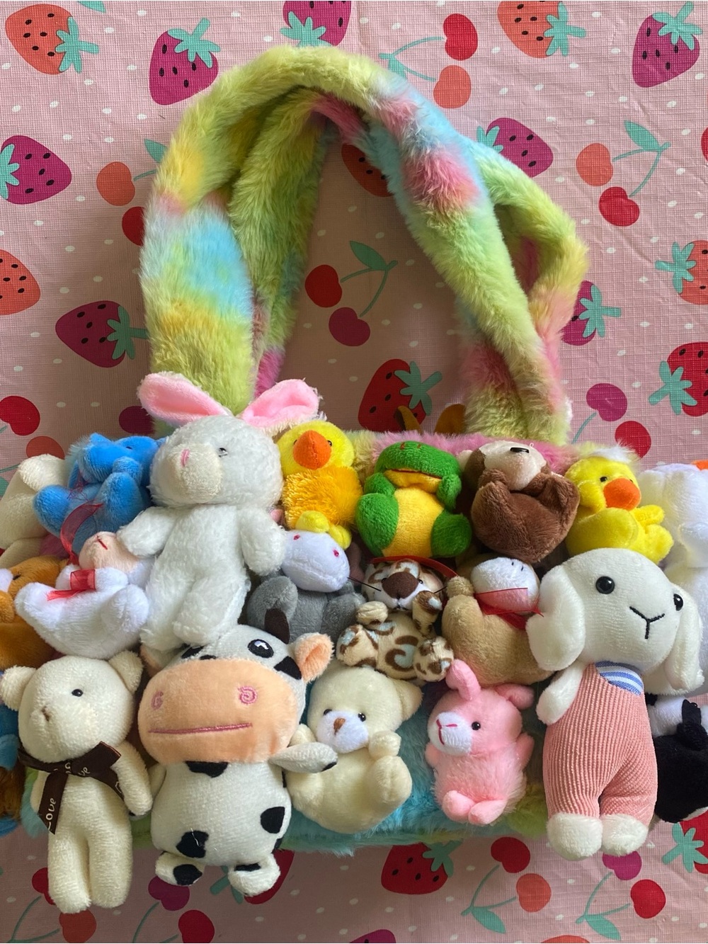 Dolls Kill Pink Plush Tote with Pastel Rainbow Fuzzy Trim